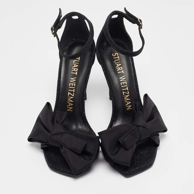 Pre Owned Stuart Weitzman Black Glitter Nudist Ankle Strap Sandals Size 38
