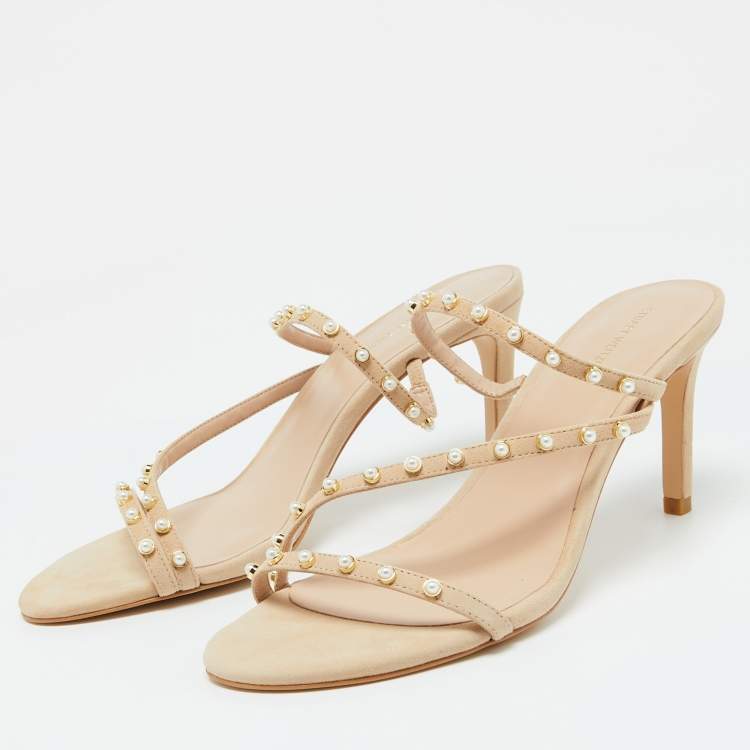 Pre Owned Stuart Weitzman Beige Suede Pearl Embellished Slide Sandals Size 41