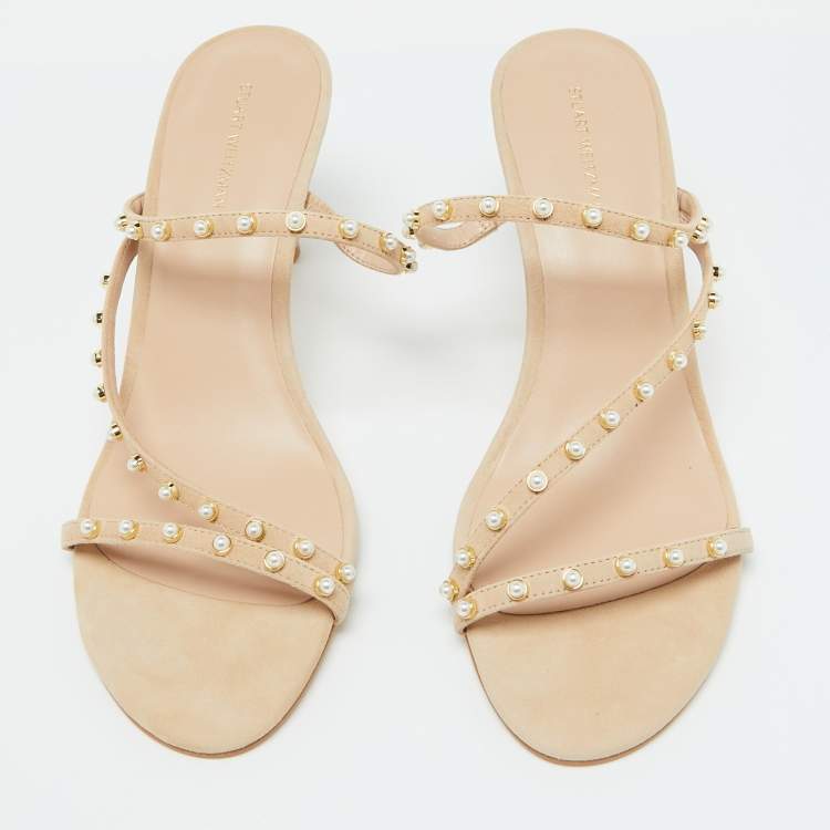 Pre Owned Stuart Weitzman Beige Suede Pearl Embellished Slide Sandals Size 41