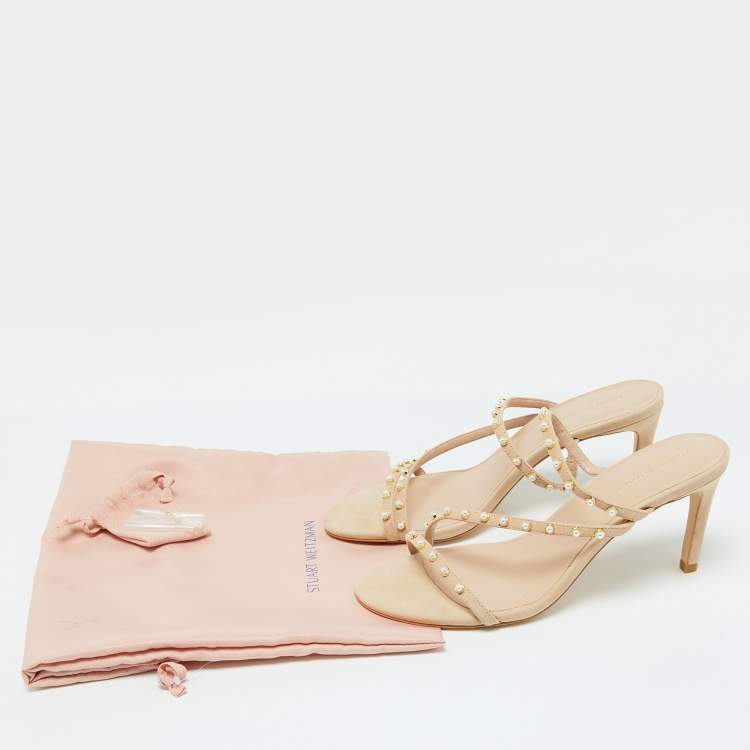 Pre Owned Stuart Weitzman Beige Suede Pearl Embellished Slide Sandals Size 41