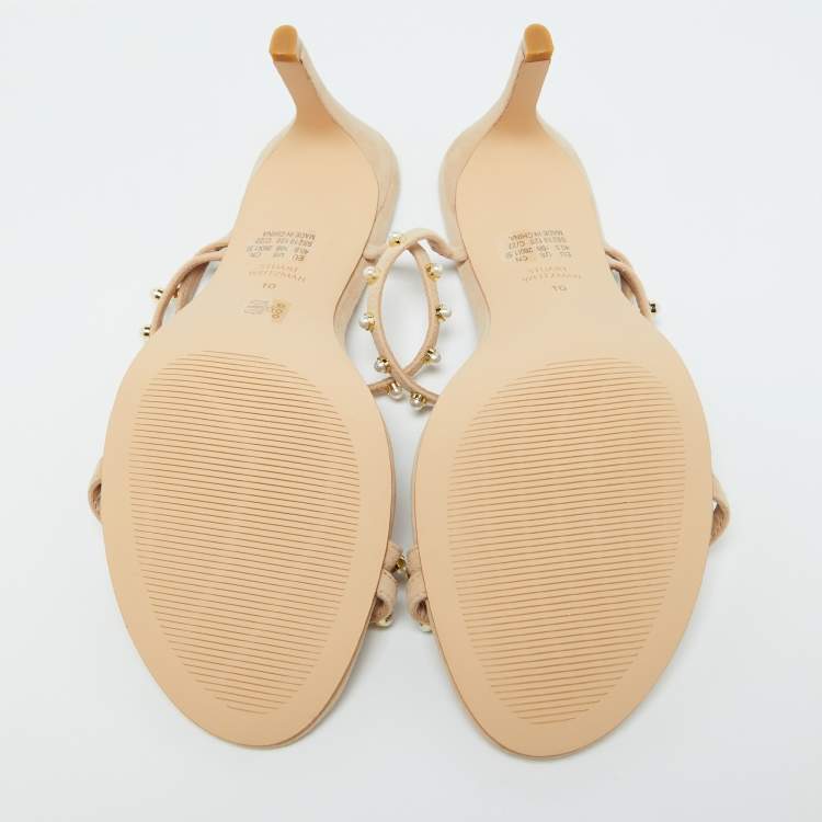 Pre Owned Stuart Weitzman Beige Suede Pearl Embellished Slide Sandals Size 41