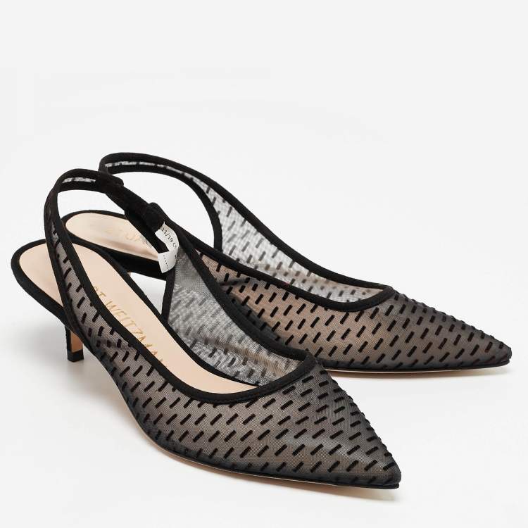 Pre Owned Stuart Weitzman Black Mesh and Suede Pointed Toe Slingback Pumps Size 39