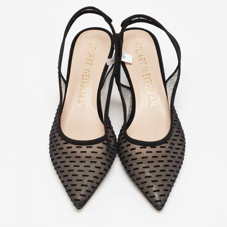 Pre Owned Stuart Weitzman Black Mesh and Suede Pointed Toe Slingback Pumps Size 39