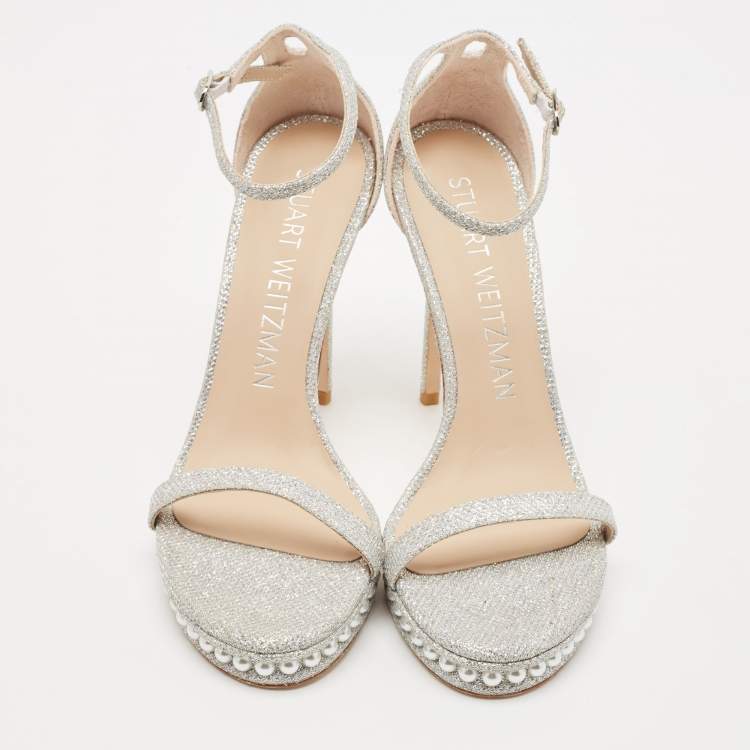 Pre Owned Stuart Weitzman Silver Glitter Nudistchains Ankle Strap Sandals Size 39