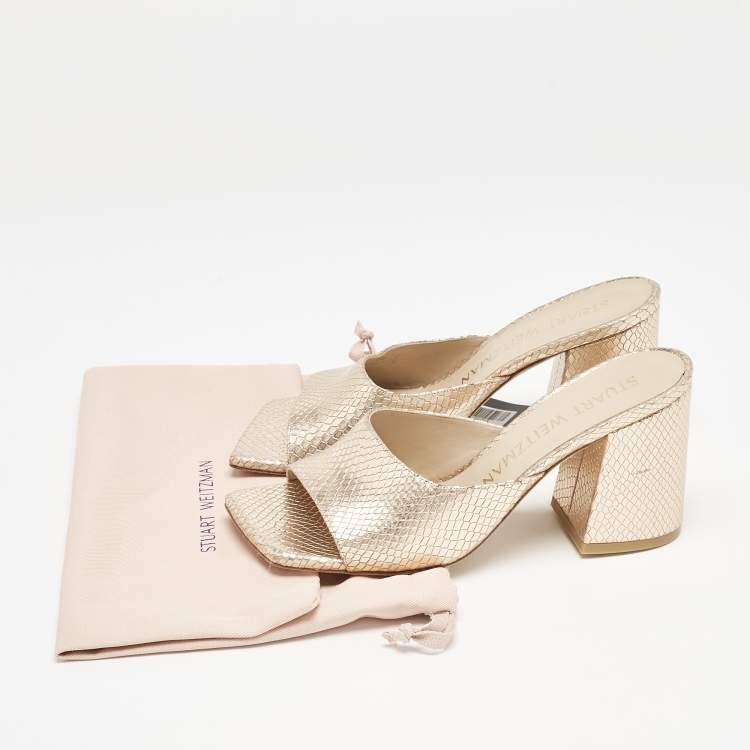 Pre Owned Stuart Weitzman Gold Snakeskin Embossed Leather Slide Sandals Size 38.5