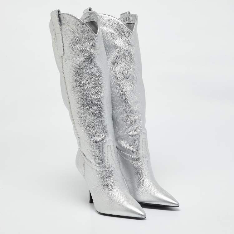 Pre Owned Stuart Weitzman Silver Leather Knee Length Boots Size 36