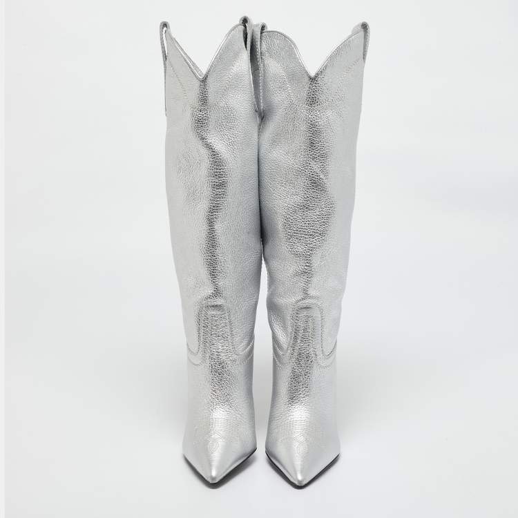 Pre Owned Stuart Weitzman Silver Leather Knee Length Boots Size 36