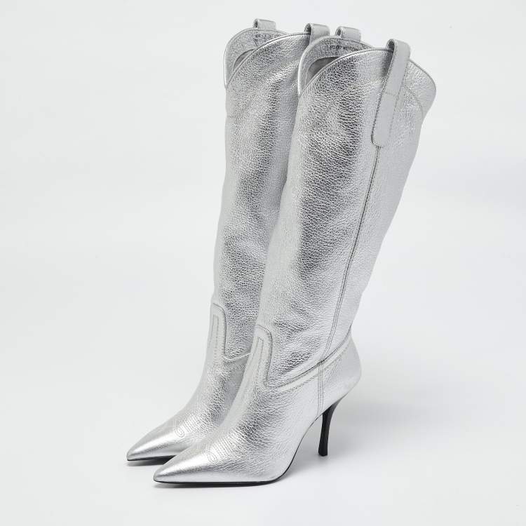Pre Owned Stuart Weitzman Silver Leather Knee Length Boots Size 36