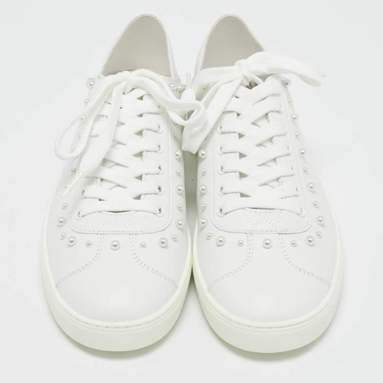 Pre Owned Stuart Weitzman White Leather Pearlstud Convertible Sneakers Size 39.5