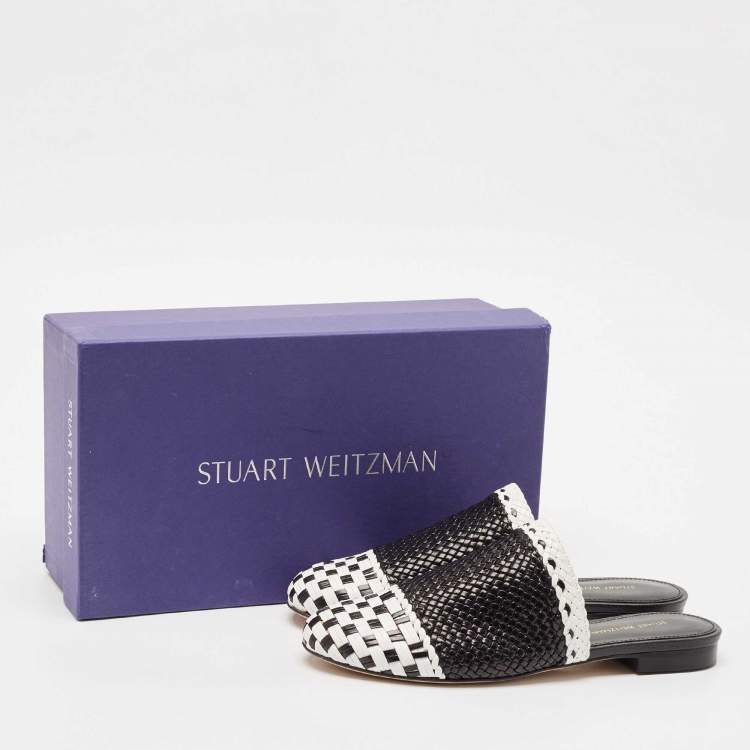 Pre Owned Stuart Weitzman Black/White Woven Leather Indiana Flat Mules Size 36