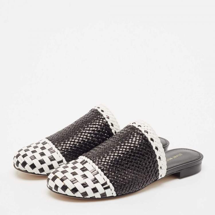 Pre Owned Stuart Weitzman Black/White Woven Leather Indiana Flat Mules Size 36