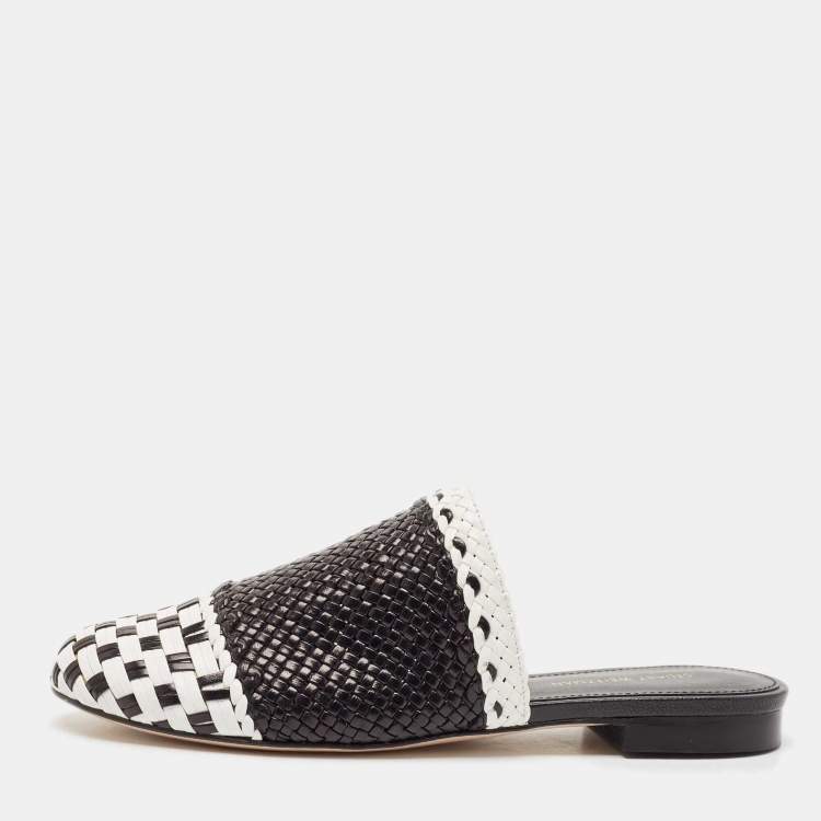Pre Owned Stuart Weitzman Black/White Woven Leather Indiana Flat Mules Size 36