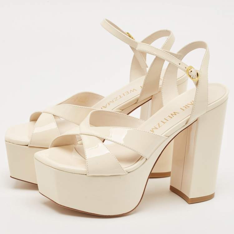 Pre Owned Stuart Weitzman Cream Patent Leather Miami Platform Sandals Size 37.5