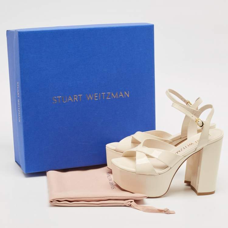 Pre Owned Stuart Weitzman Cream Patent Leather Miami Platform Sandals Size 37.5