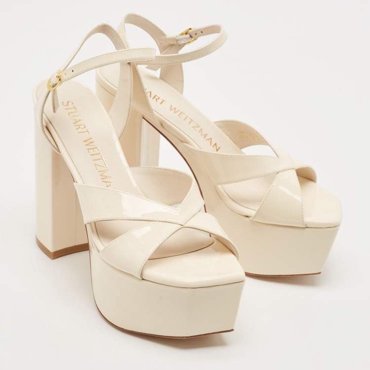 Pre Owned Stuart Weitzman Cream Patent Leather Miami Platform Sandals Size 37.5