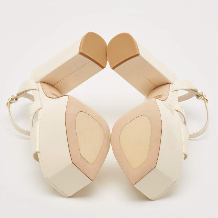 Pre Owned Stuart Weitzman Cream Patent Leather Miami Platform Sandals Size 37.5