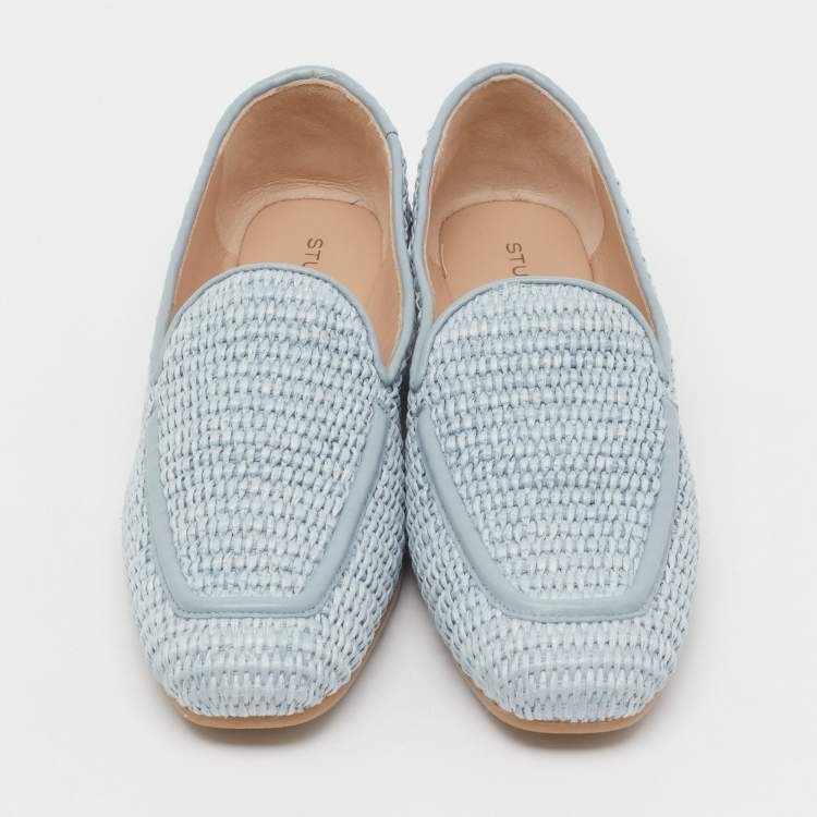 Pre Owned Stuart Weitzman Blue Raffia and Leather Smoking Slippers Size 37