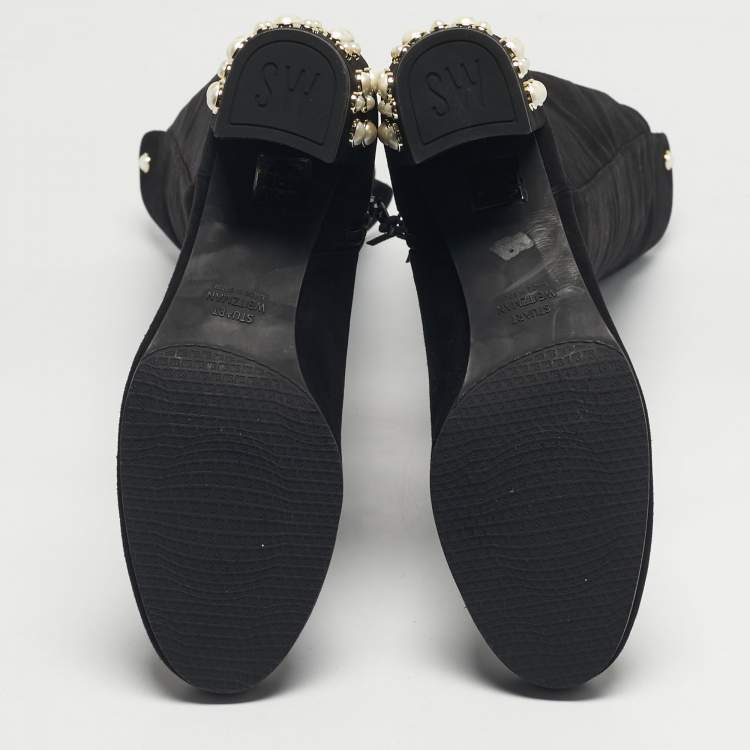 Pre Owned Stuart Weitzman Black Suede Pearl Studded Knee Length Boots Size 39