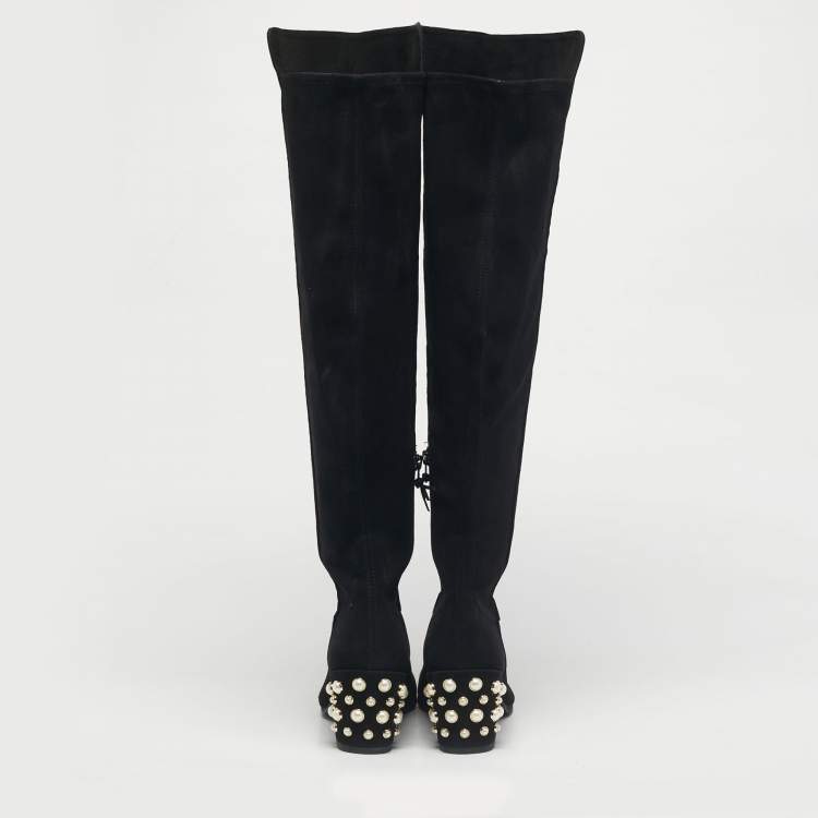Pre Owned Stuart Weitzman Black Suede Pearl Studded Knee Length Boots Size 39