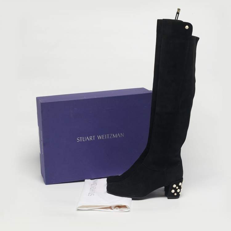 Pre Owned Stuart Weitzman Black Suede Pearl Studded Knee Length Boots Size 39