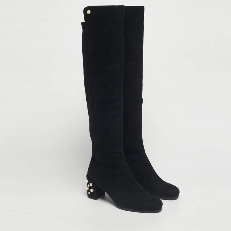 Pre Owned Stuart Weitzman Black Suede Pearl Studded Knee Length Boots Size 39