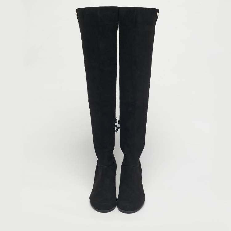 Pre Owned Stuart Weitzman Black Suede Pearl Studded Knee Length Boots Size 39