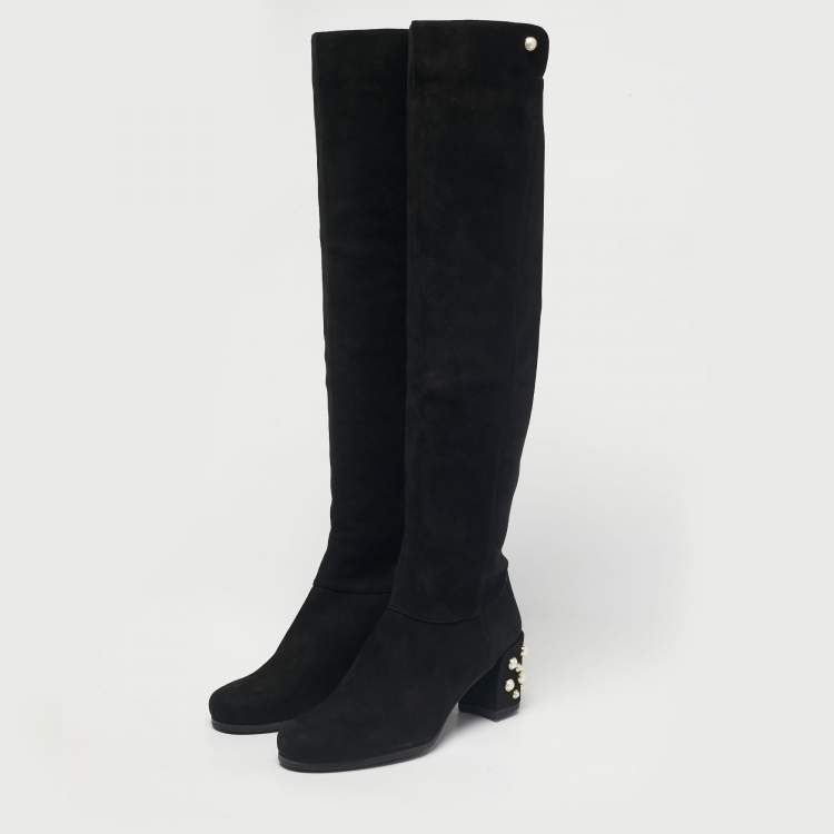 Pre Owned Stuart Weitzman Black Suede Pearl Studded Knee Length Boots Size 39