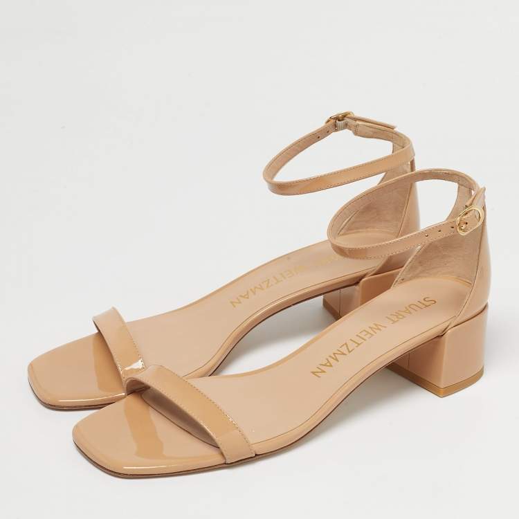 Pre Owned Stuart Weitzman Beige Leather Bambina Block Heel Ankle Strap Sandals Size 40