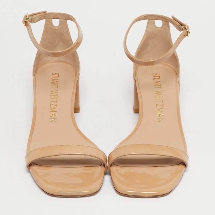 Pre Owned Stuart Weitzman Beige Leather Bambina Block Heel Ankle Strap Sandals Size 40