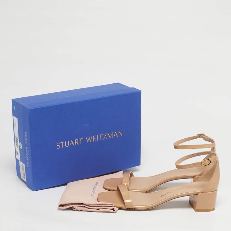 Pre Owned Stuart Weitzman Beige Leather Bambina Block Heel Ankle Strap Sandals Size 40