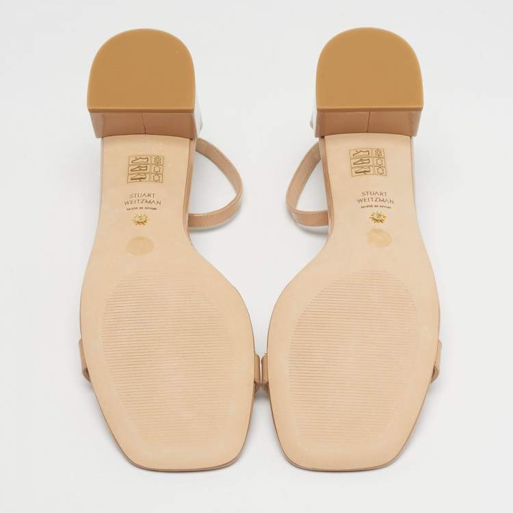Pre Owned Stuart Weitzman Beige Leather Bambina Block Heel Ankle Strap Sandals Size 40