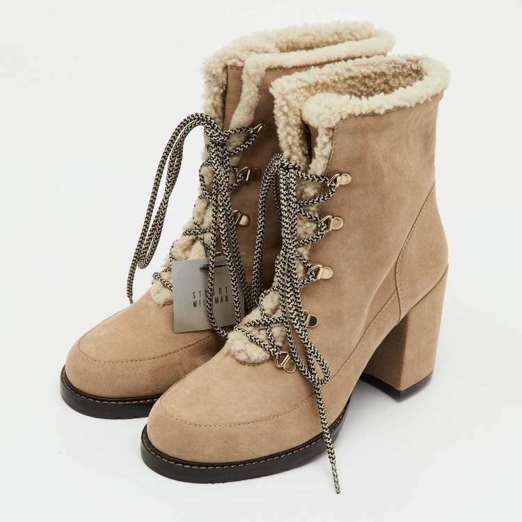 Pre Owned Stuart Weitzman Beige Suede and Shearling Fur Yukon Lace Up Ankle Boots Size 41