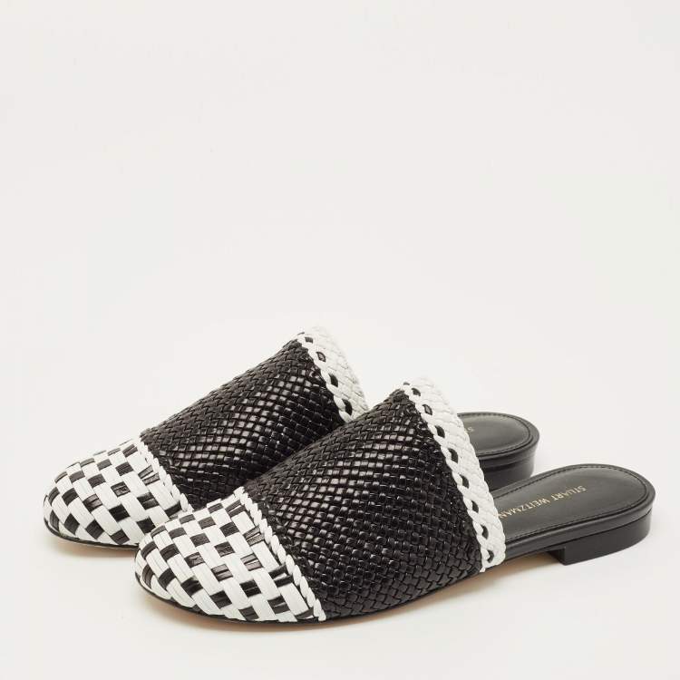 Pre Owned Stuart Weitzman Indiana Size 37.5 Black/White Woven Leather Mules
