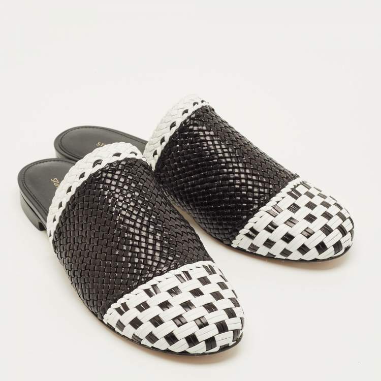 Pre Owned Stuart Weitzman Indiana Size 37.5 Black/White Woven Leather Mules