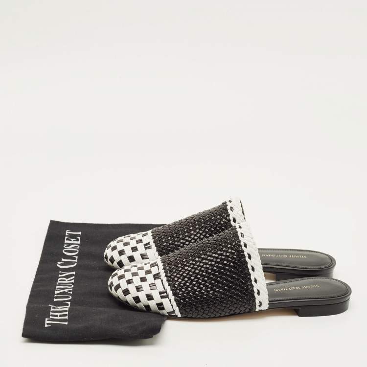 Pre Owned Stuart Weitzman Indiana Size 37.5 Black/White Woven Leather Mules