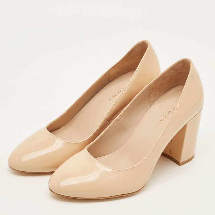 Pre Owned Stuart Weitzman Ariana Size 37 Beige Patent Leather Block Heel Pumps