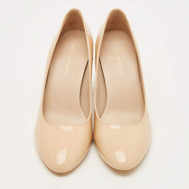 Pre Owned Stuart Weitzman Ariana Size 37 Beige Patent Leather Block Heel Pumps