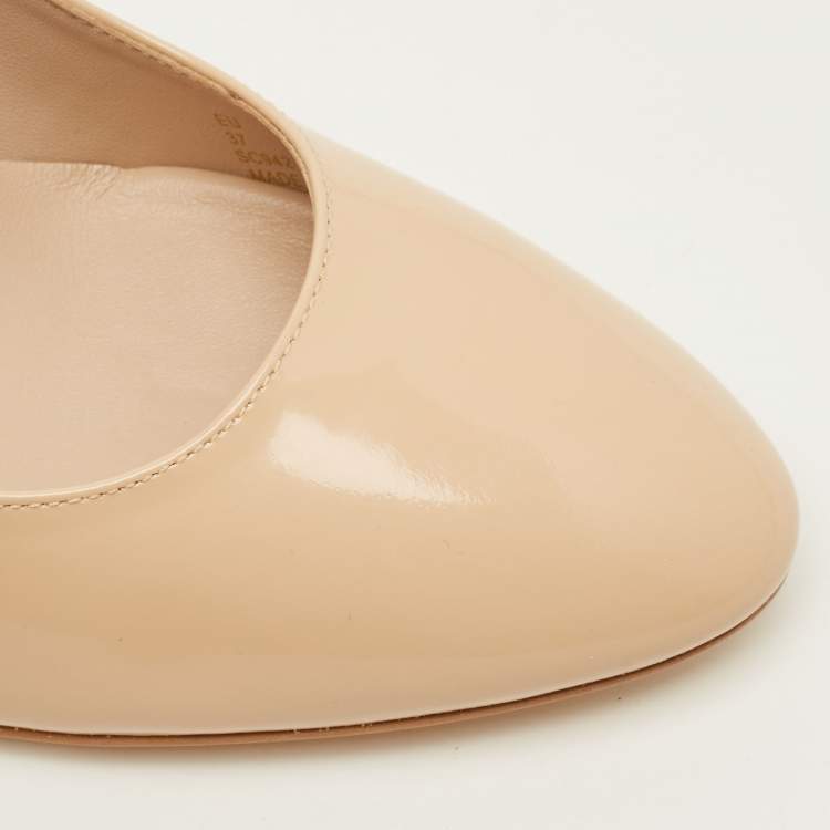 Pre Owned Stuart Weitzman Ariana Size 37 Beige Patent Leather Block Heel Pumps