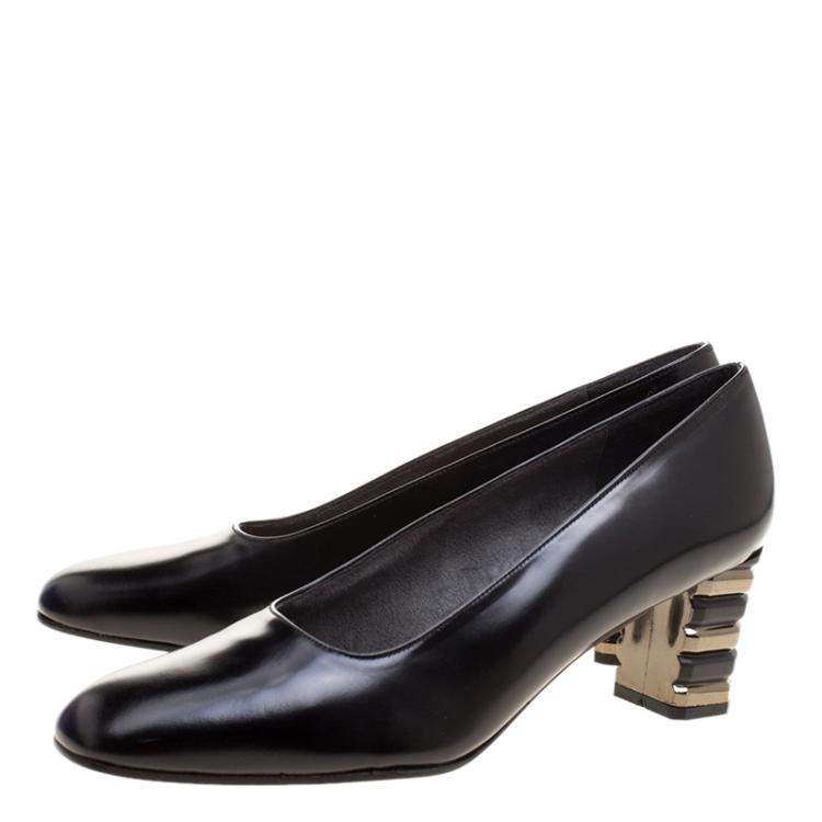 Pre Owned Stuart Weitzman Black Leather Tiered Heel Pumps Size 38.5