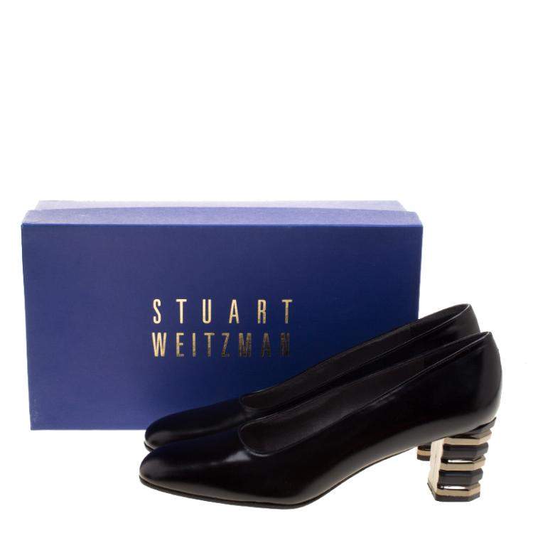Pre Owned Stuart Weitzman Black Leather Tiered Heel Pumps Size 38.5