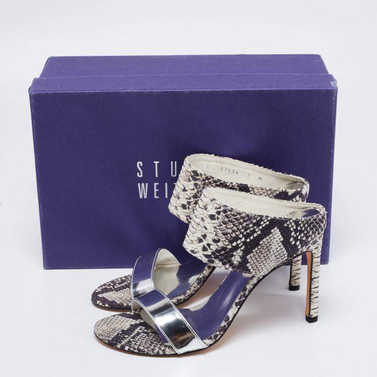 Pre Owned Stuart Weitzman Monochrome Python Embossed And Metallic Silver Leather Open Toe Sandals Size 37.5 