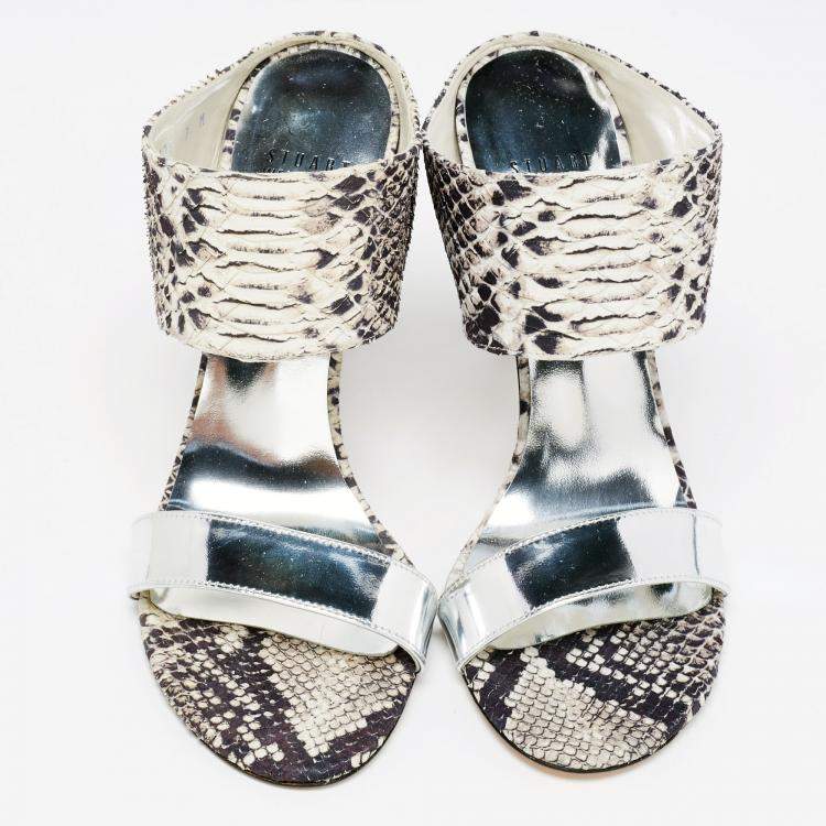 Pre Owned Stuart Weitzman Monochrome Python Embossed And Metallic Silver Leather Open Toe Sandals Size 37.5 