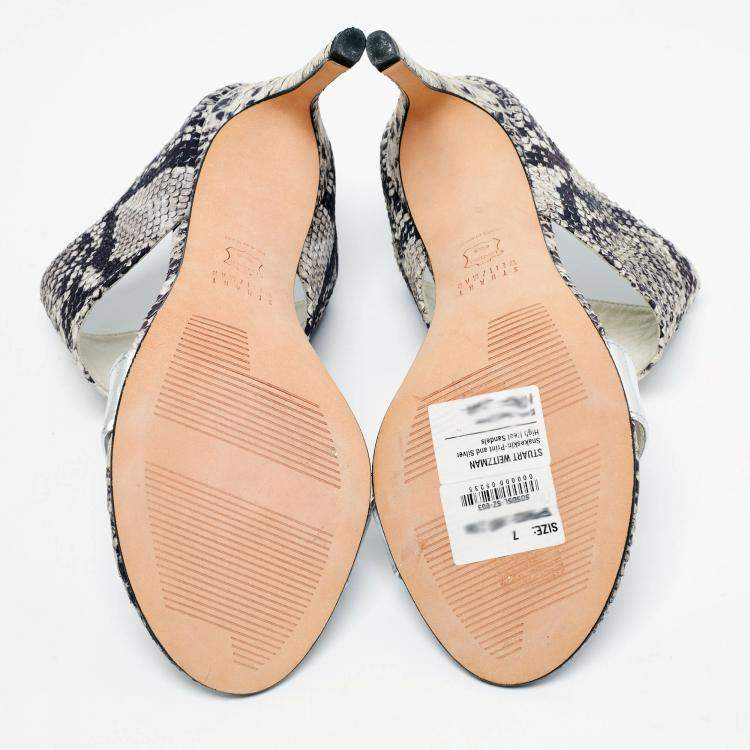 Pre Owned Stuart Weitzman Monochrome Python Embossed And Metallic Silver Leather Open Toe Sandals Size 37.5 