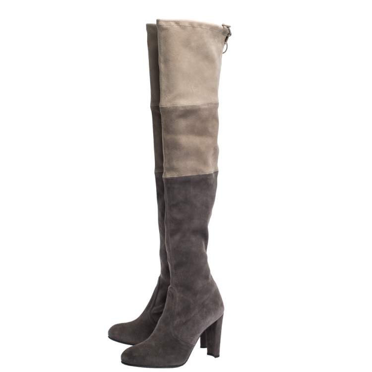 Pre Owned Stuart Weitzman Two Tone Suede Over The Knee Boots Size 38.5