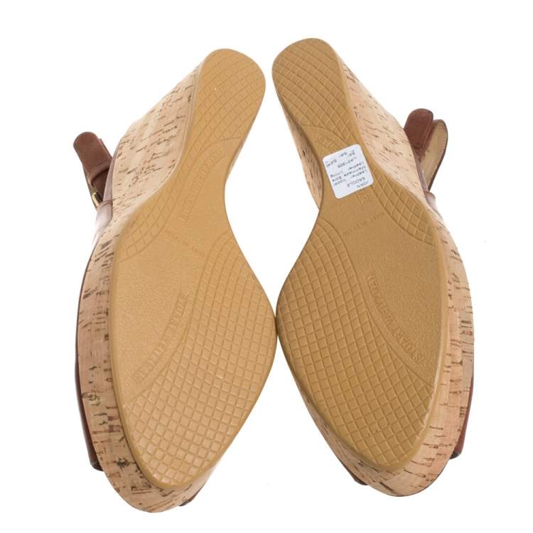 مملوكة مسبقًا Stuart Weitzman for Russell & Bromley Brown Leather Cork Wedge Platform Slingback Sandals Size 38