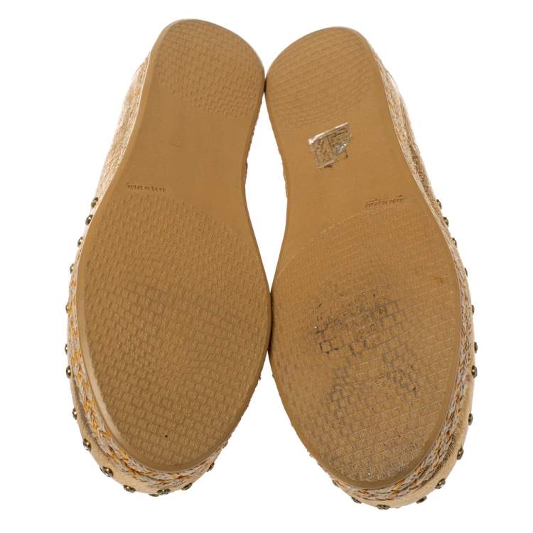 Pre Owned Stuart Weitzman Metallic Gold Leather Crystal Embellished Espadrille Flat Size 37