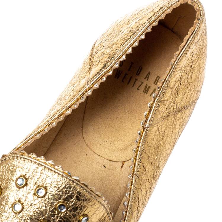 Pre Owned Stuart Weitzman Metallic Gold Leather Crystal Embellished Espadrille Flat Size 37