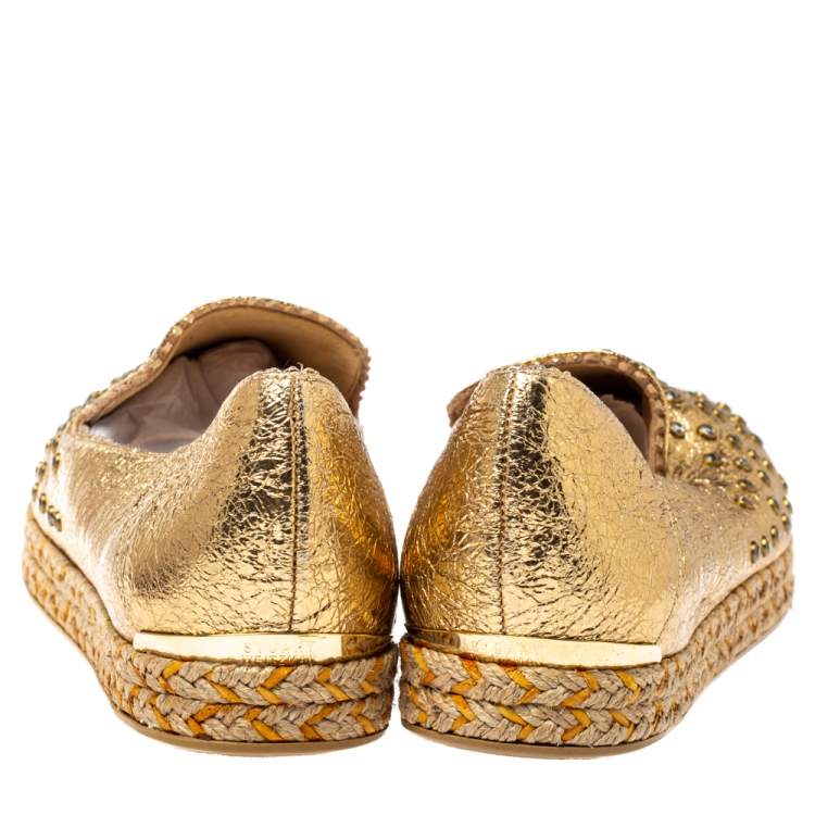 Pre Owned Stuart Weitzman Metallic Gold Leather Crystal Embellished Espadrille Flat Size 37