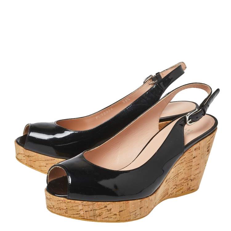 Pre Owned Stuart Weitzman Black Patent Leather Cork Wedge Peep Toe Platform Slingback Sandals Size 39.5 