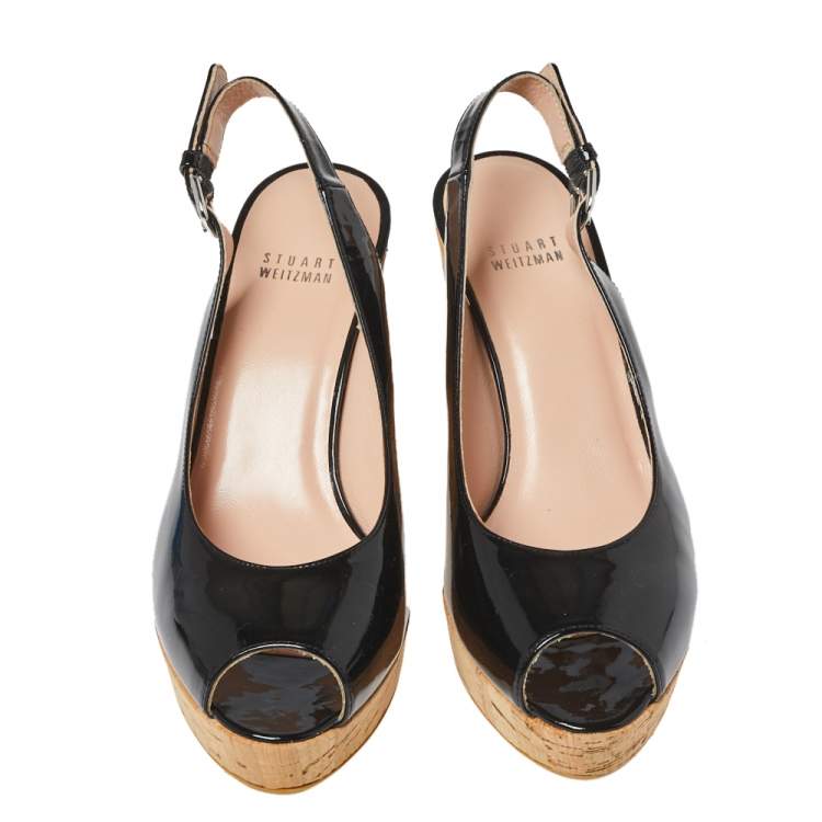 Pre Owned Stuart Weitzman Black Patent Leather Cork Wedge Peep Toe Platform Slingback Sandals Size 39.5 